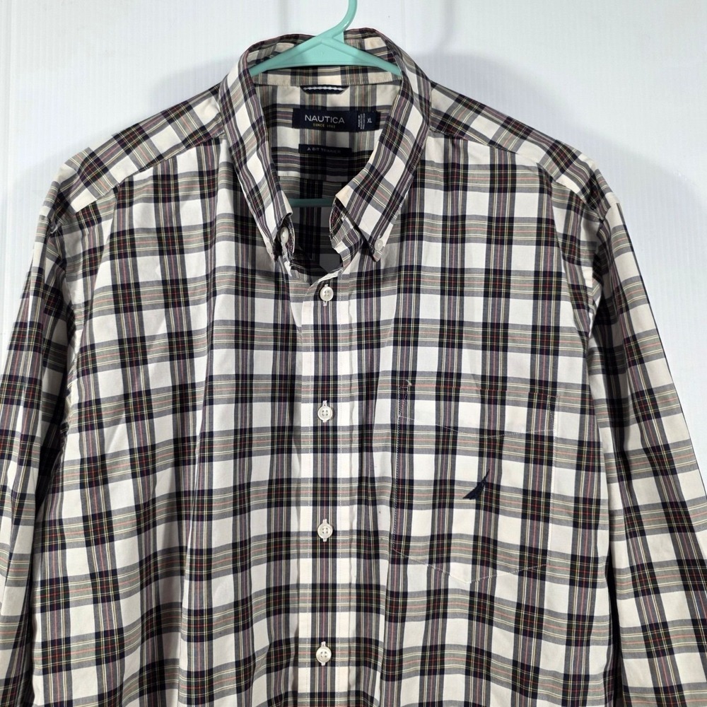 Nautica Mens XL Plaid Button Down Shirt Navy White Orange A Bit Trimmer Cotton